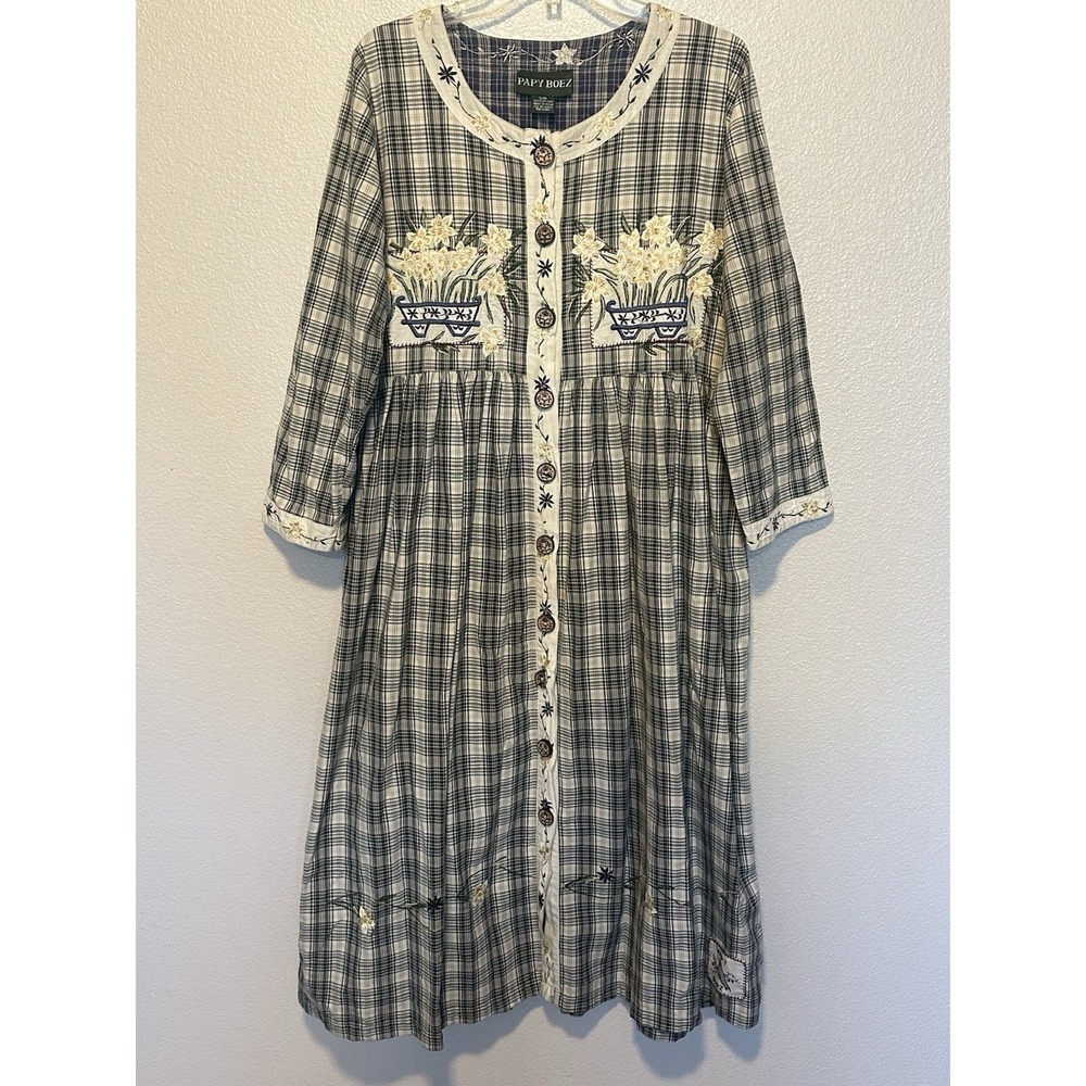 PAPY BOEZ Dress sz. S/M Plaid Embroidered Spring Garden Bird Floral Midi Cottage